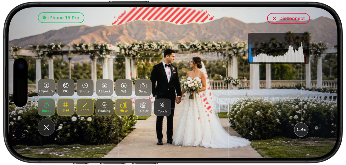 Videk Camera app on iPhone showing manual controls: Exposure, ISO, Shutter, AE Lock, White Balance, Zebra, Focus Peaking, Histogram, and False Color