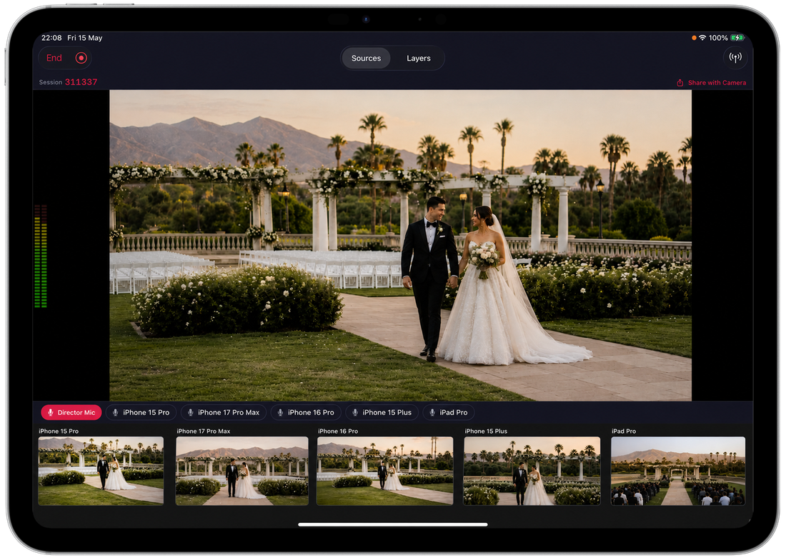 Videk Director on iPad showing a live multi-camera wedding session with 5 connected iPhones, live camera grid, audio meters, and source switcher
