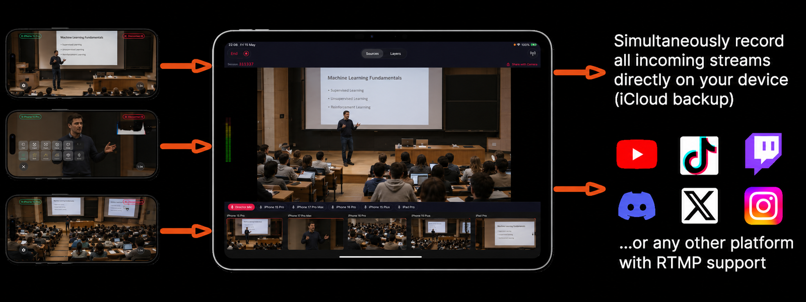 Videk Director on iPad showing a multi-camera university lecture with iPhones capturing the speaker, slides, and audience simultaneously