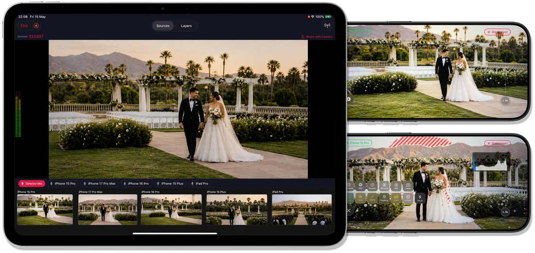 Videk Director app showing multi-camera session with 5 connected iPhones and iPad at a wedding