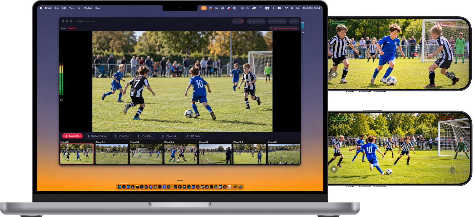 Videk Director running natively on a MacBook Pro, switching a youth football match between seven iPhone cameras, with two iPhones running Videk Camera beside it