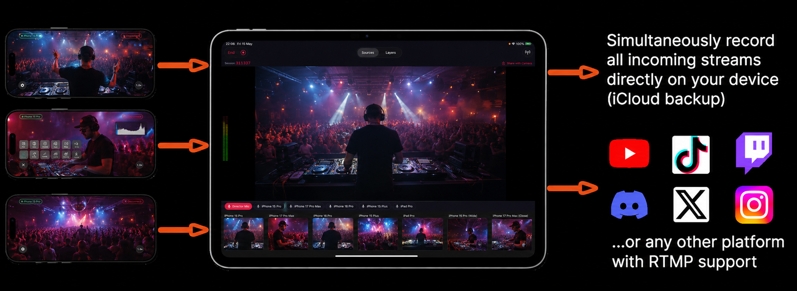 Videk Director on iPad showing a multi-camera live DJ set with iPhones streaming simultaneously to YouTube, TikTok, Twitch, Discord, X and Instagram via RTMP