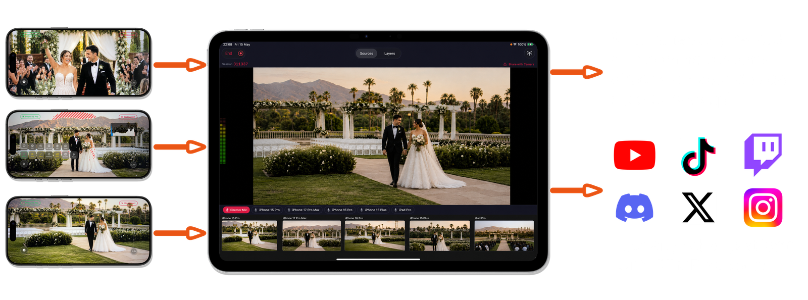 Videk Director on iPad showing a multi-camera wedding session with 5 iPhones as cameras, with options to stream live to YouTube, TikTok, Twitch, Discord, X and Instagram